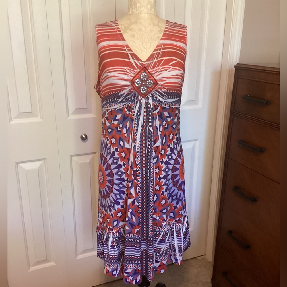 World Unity sleeveless dress, L. Red, white and blue. Good condition.